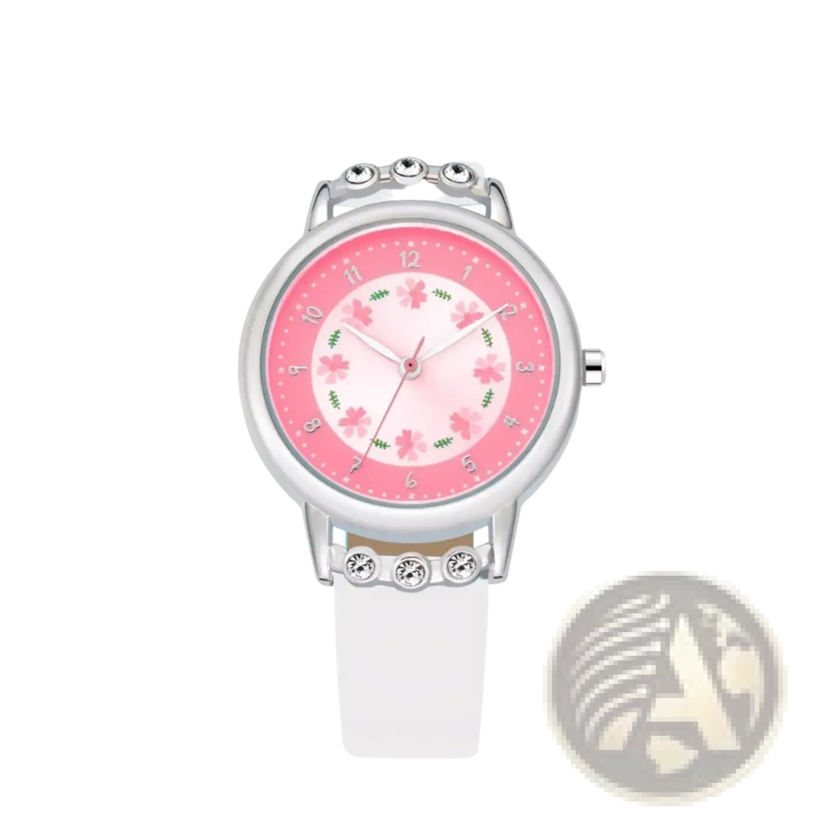 Girls floral rhinestone quartz watch with a pink floral face, silver-toned case, and white PU leather strap