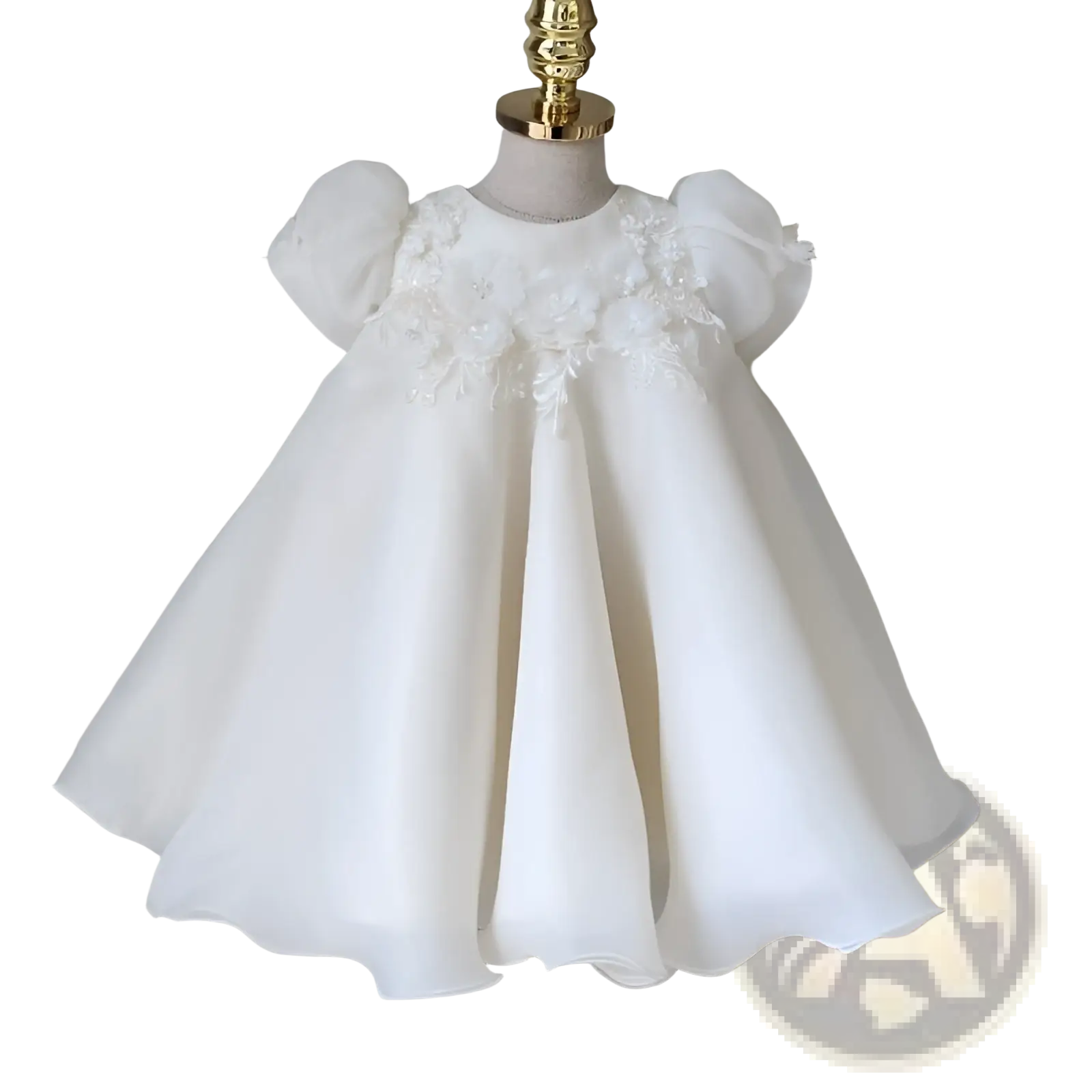 A girls white lace floral princess wedding dress featuring delicate satin fabric and puff sleeves with lace appliqués