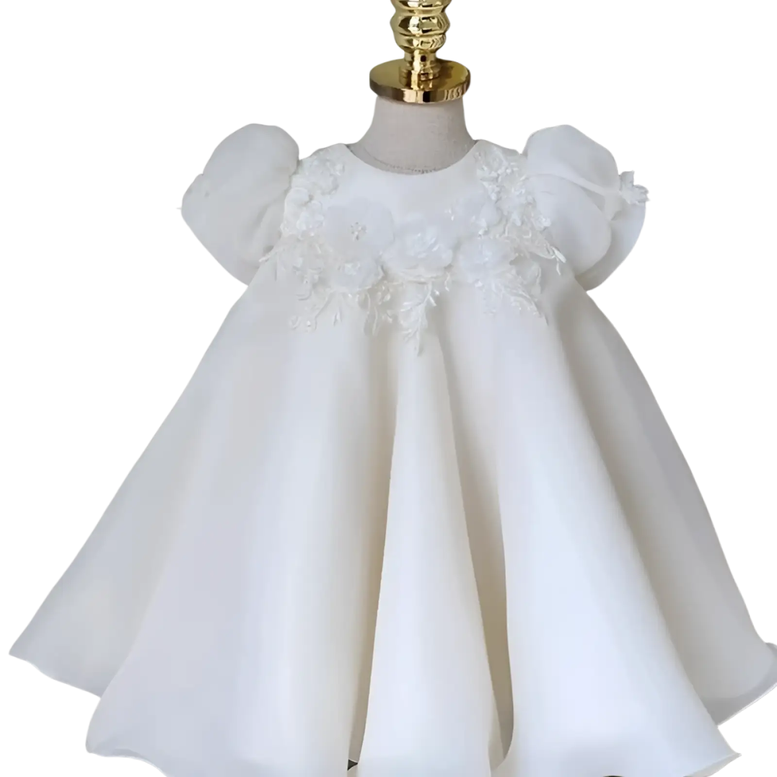 Girls white lace floral princess wedding dress featuring delicate puff sleeves and intricate bodice detailing