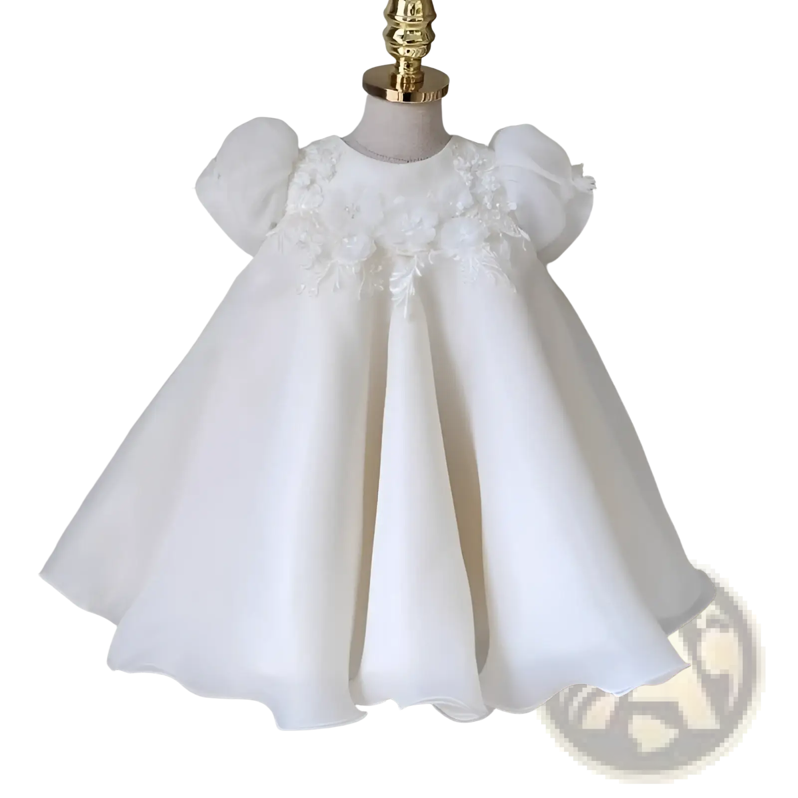 Girls white lace floral princess wedding dress with white floral embellishments, puffy sleeves, and a flowing skirt