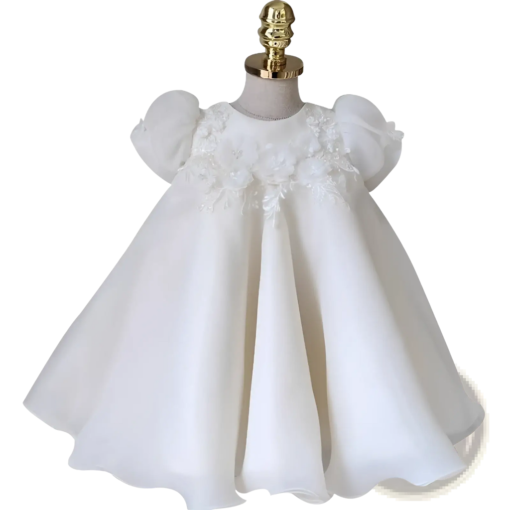 Girls white lace floral princess wedding dress in delicate white satin with puff sleeves and lace neckline detailing