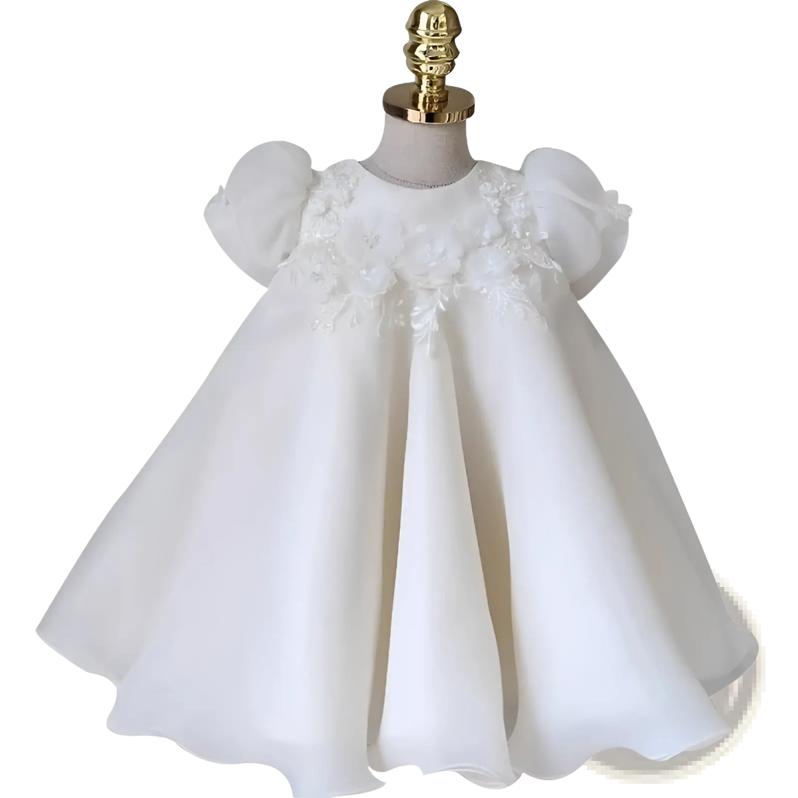 Girls white lace floral princess wedding dress in delicate white satin with puff sleeves and lace neckline detailing