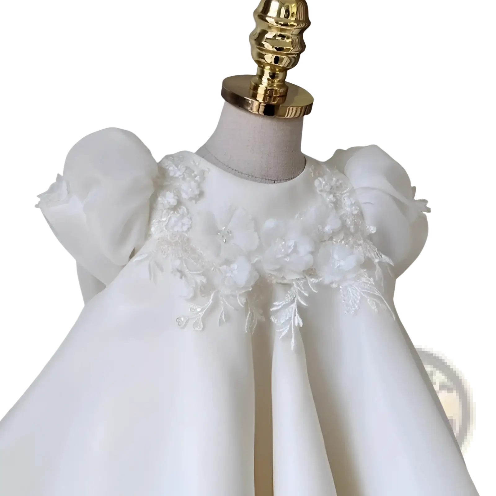 Girls white lace floral princess wedding dress in satin with puff sleeves and delicate floral lace appliqués