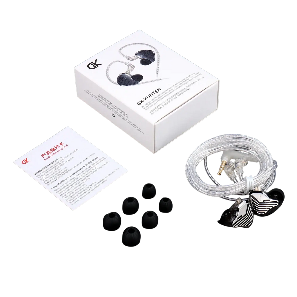 Black and silver Gk Kunten hifi wired in-ear headphones with microphone transparent cable and multiple black silicone tips