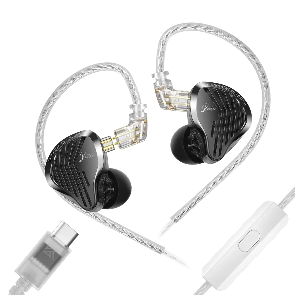 Gk kunten hifi wired in-ear headphones with microphone featuring black and silver high-fidelity metallic earpieces