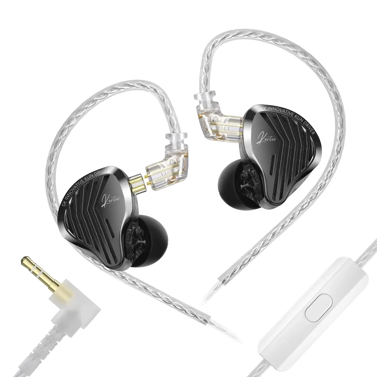 Black and silver gk kunten hifi wired in-ear headphones with microphone featuring sleek metallic housing