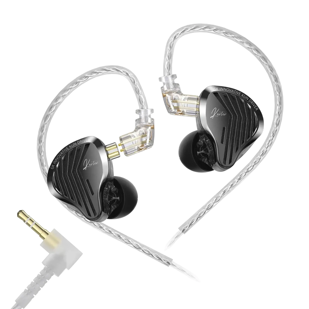 Gk kunten hifi wired in-ear headphones in black and silver with sleek metallic finish and built-in microphone