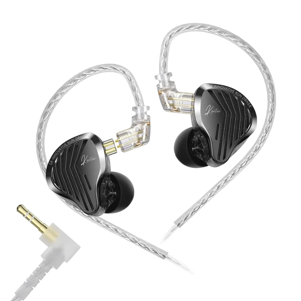 Gk kunten hifi wired in-ear headphones in black and silver with sleek metallic finish and built-in microphone