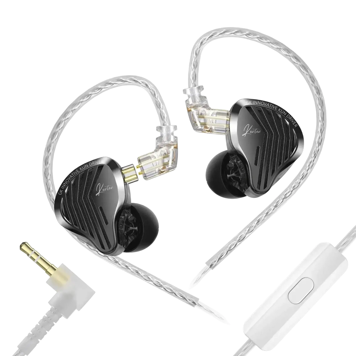 Gk Kunten hifi wired ear headphones with transparent black and silver inlaid braided cable and sleek metallic finish