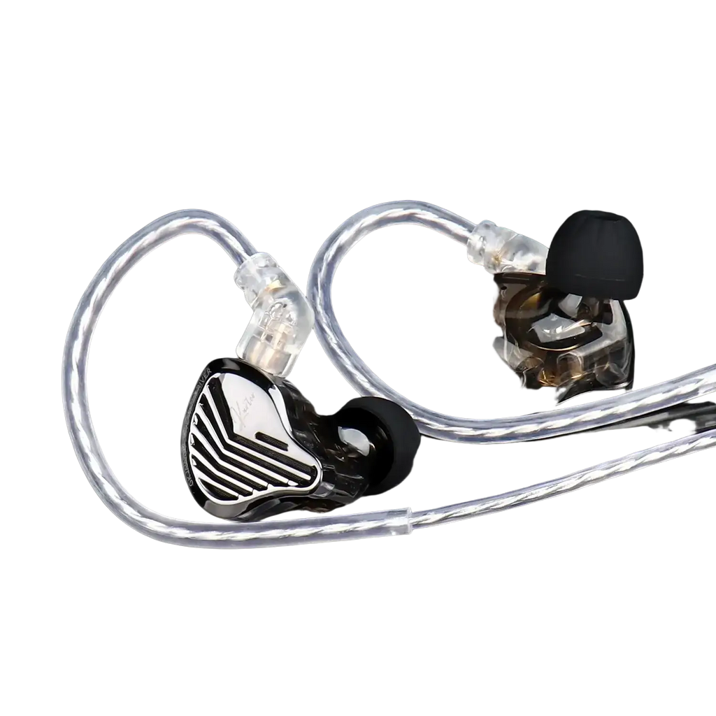 Gk Kunten hifi wired ear headphones with black and silver inlaid earbuds and transparent cables with microphone