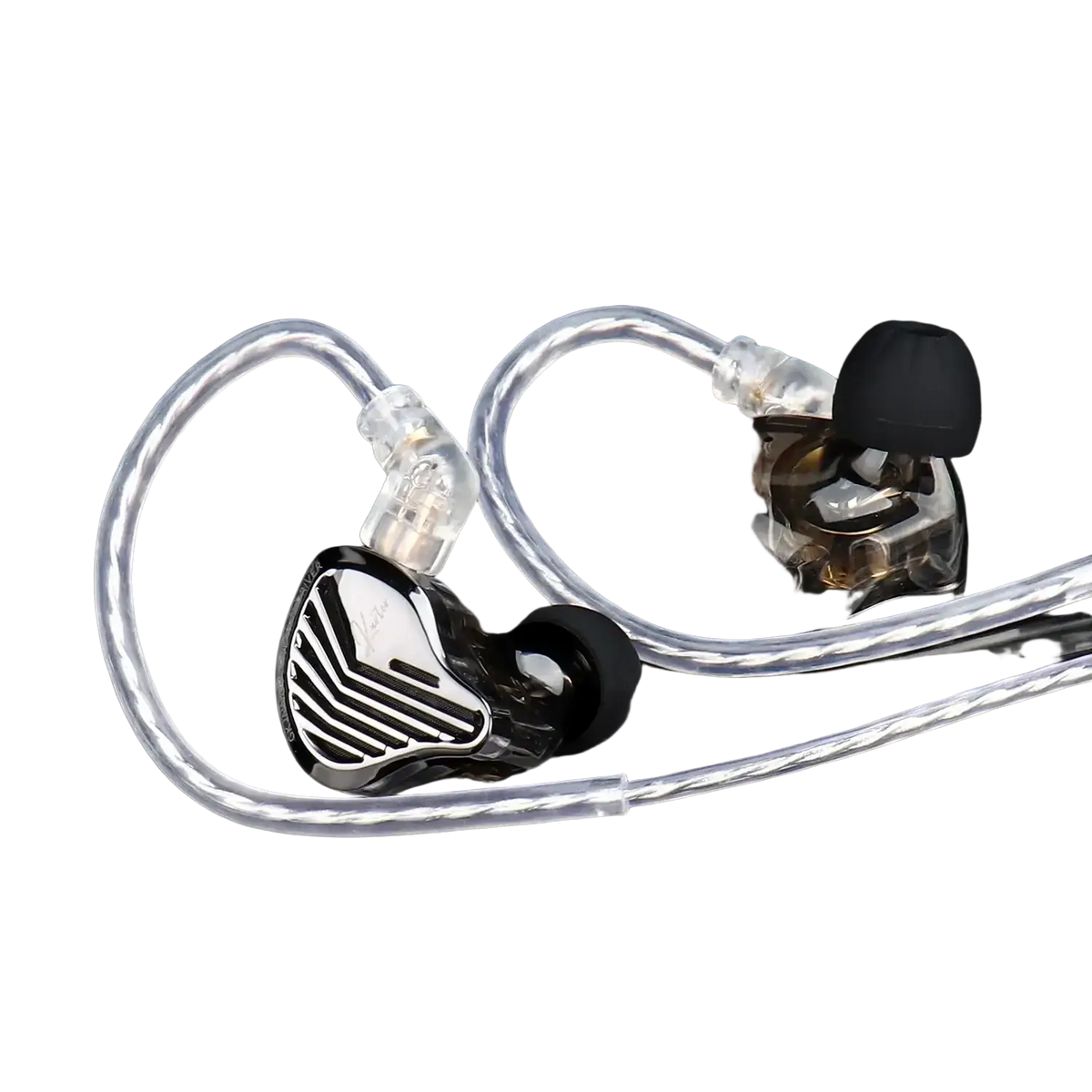 Gk Kunten hifi wired ear headphones with black and silver inlaid earbuds and transparent cables with microphone