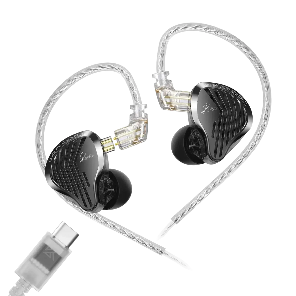 Gk Kunten hifi wired ear headphones with black and silver inlay and transparent braided cables with microphone