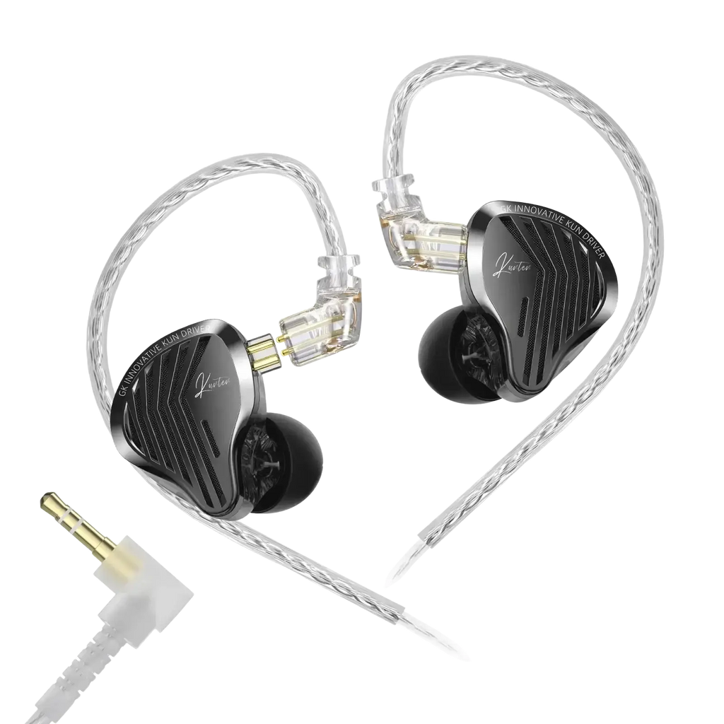Black and silver inlaid gk kunten hifi wired ear headphones with microphone and transparent braided cable design