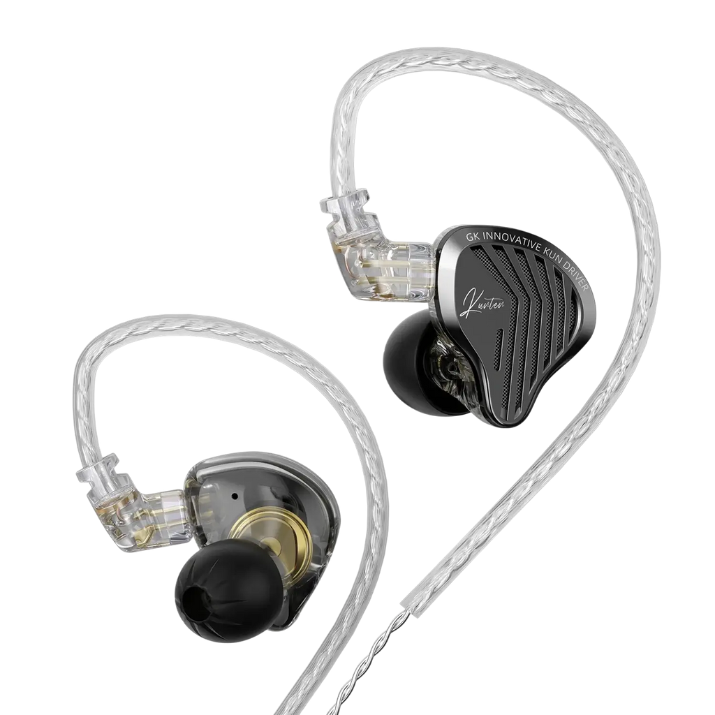 Black and transparent gk innovative kun onyx ii in-ear headphones with microphone and braided silver cable