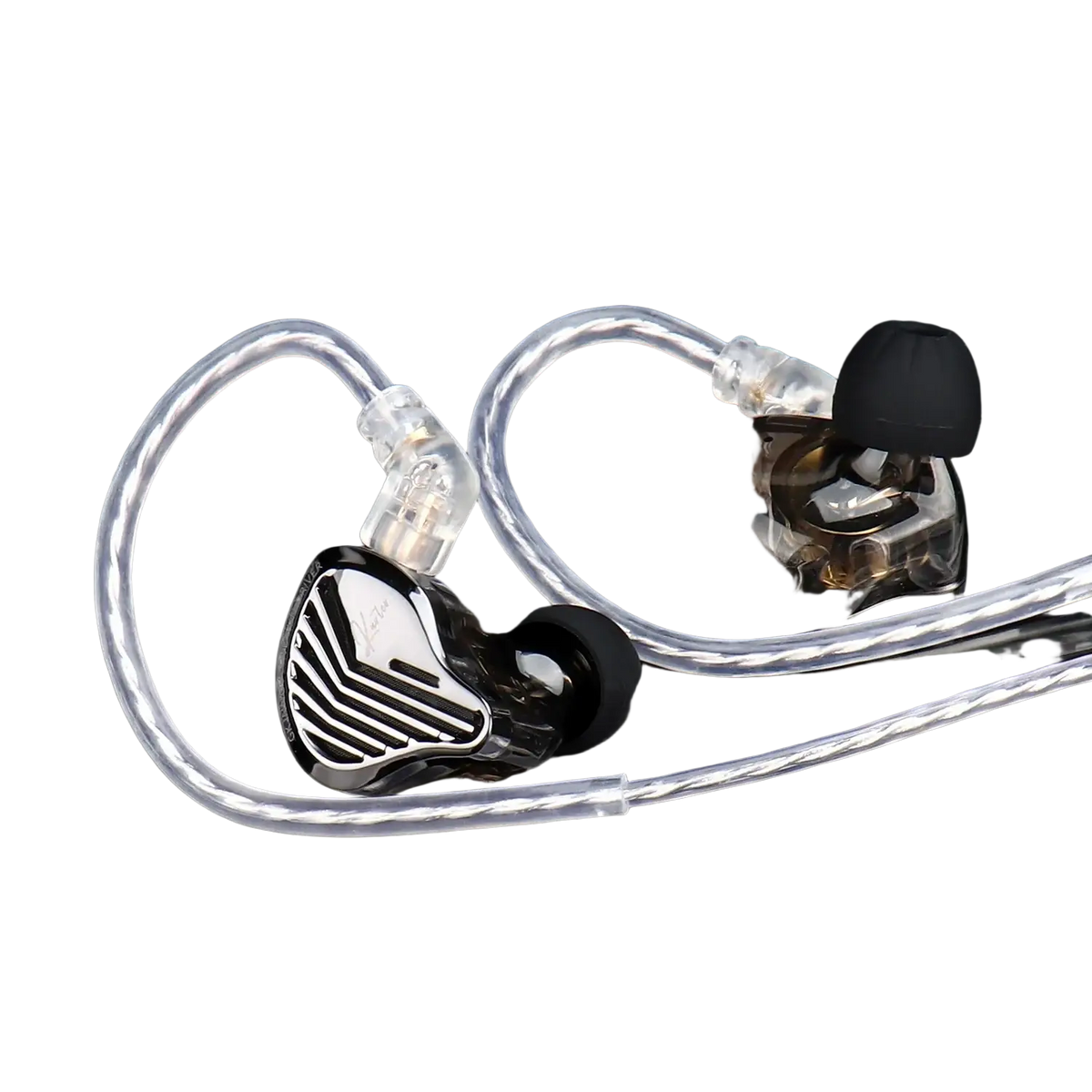 Gk Kunten hifi wired in-ear headphones with microphone featuring clear transparent design metallic finish and black silicone tips