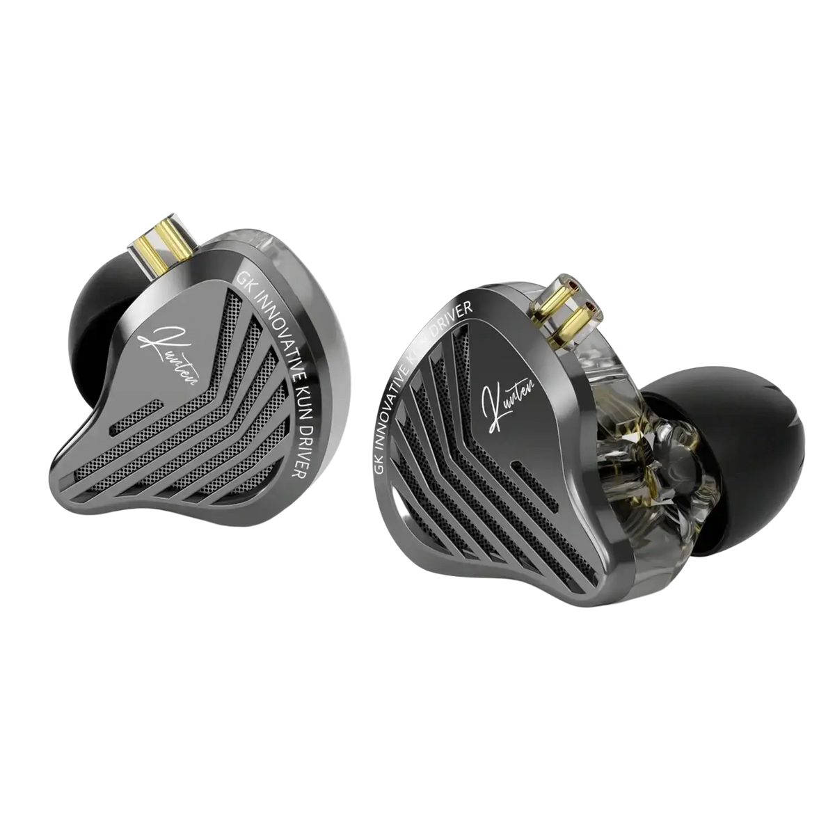 Silver and black gk kunten hifi wired in ear headphones with sleek metallic finish and gold-plated connectors