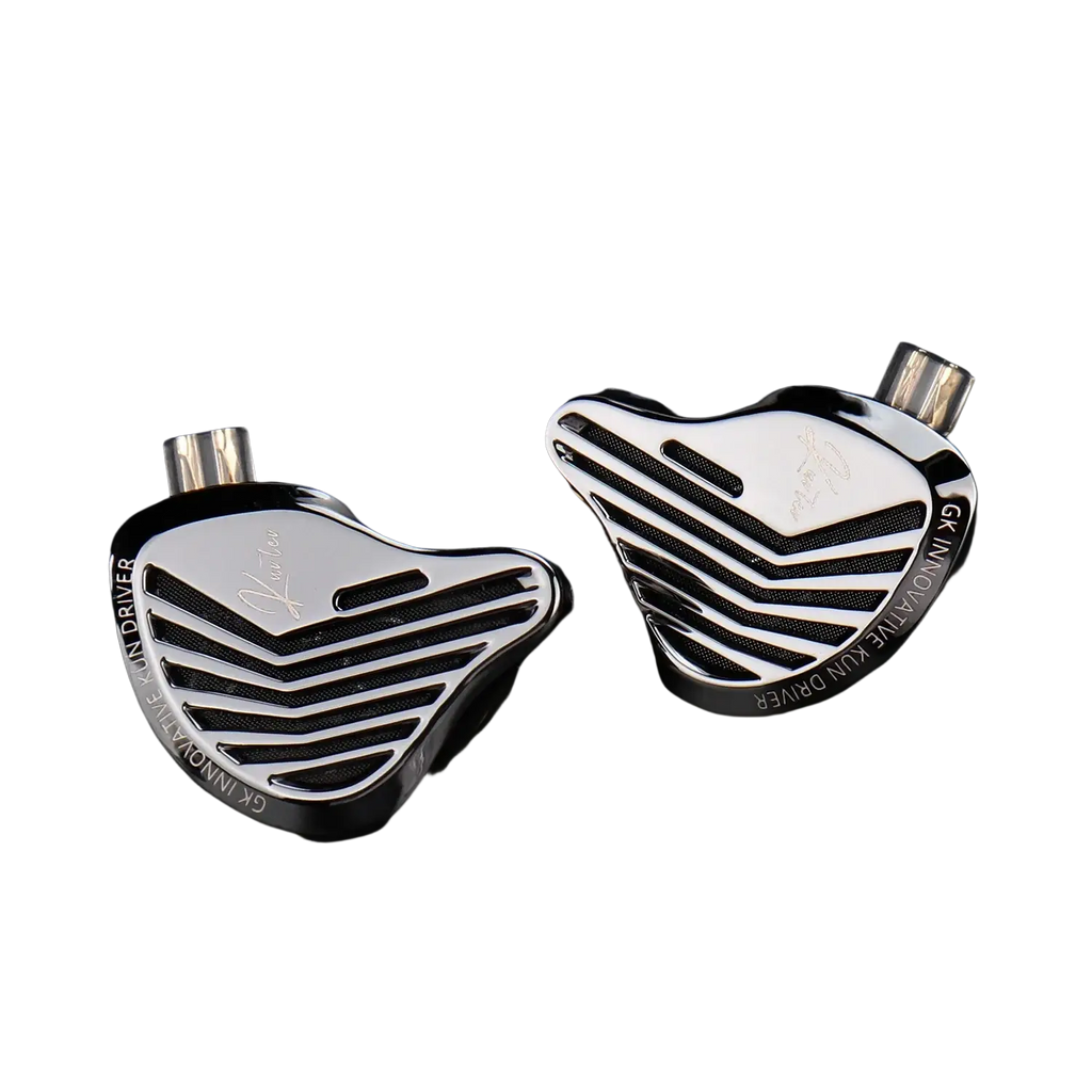 Gk Kunten hifi wired in-ear headphones with microphone featuring silver and black inlaid heart-shaped metallic design