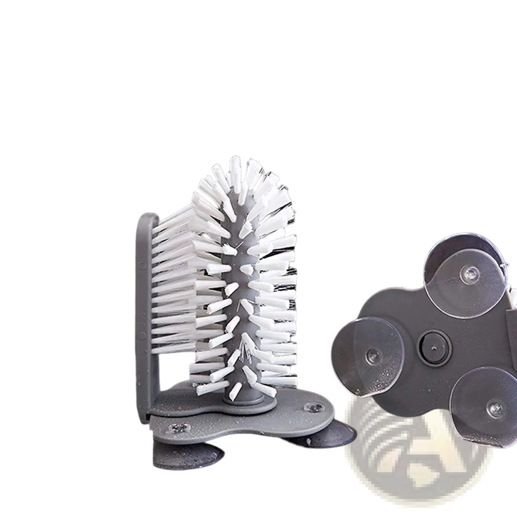 Gray plastic glass cleaning brush with white bristles and suction cups for countertop sink scrubbing