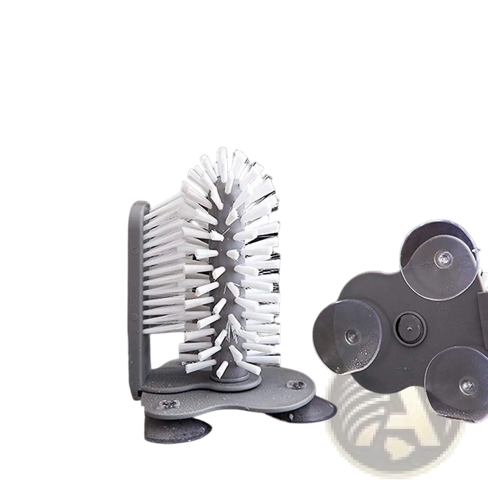Gray plastic glass cleaning brush with white bristles and suction cups for countertop sink scrubbing
