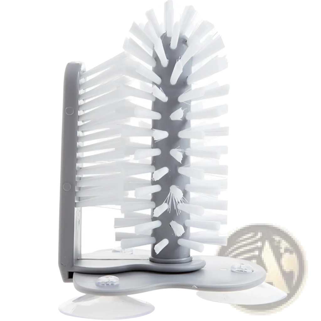 Gray plastic bottle brush with white bristles for cleaning bottles and glasses featuring suction cup sink scrubber