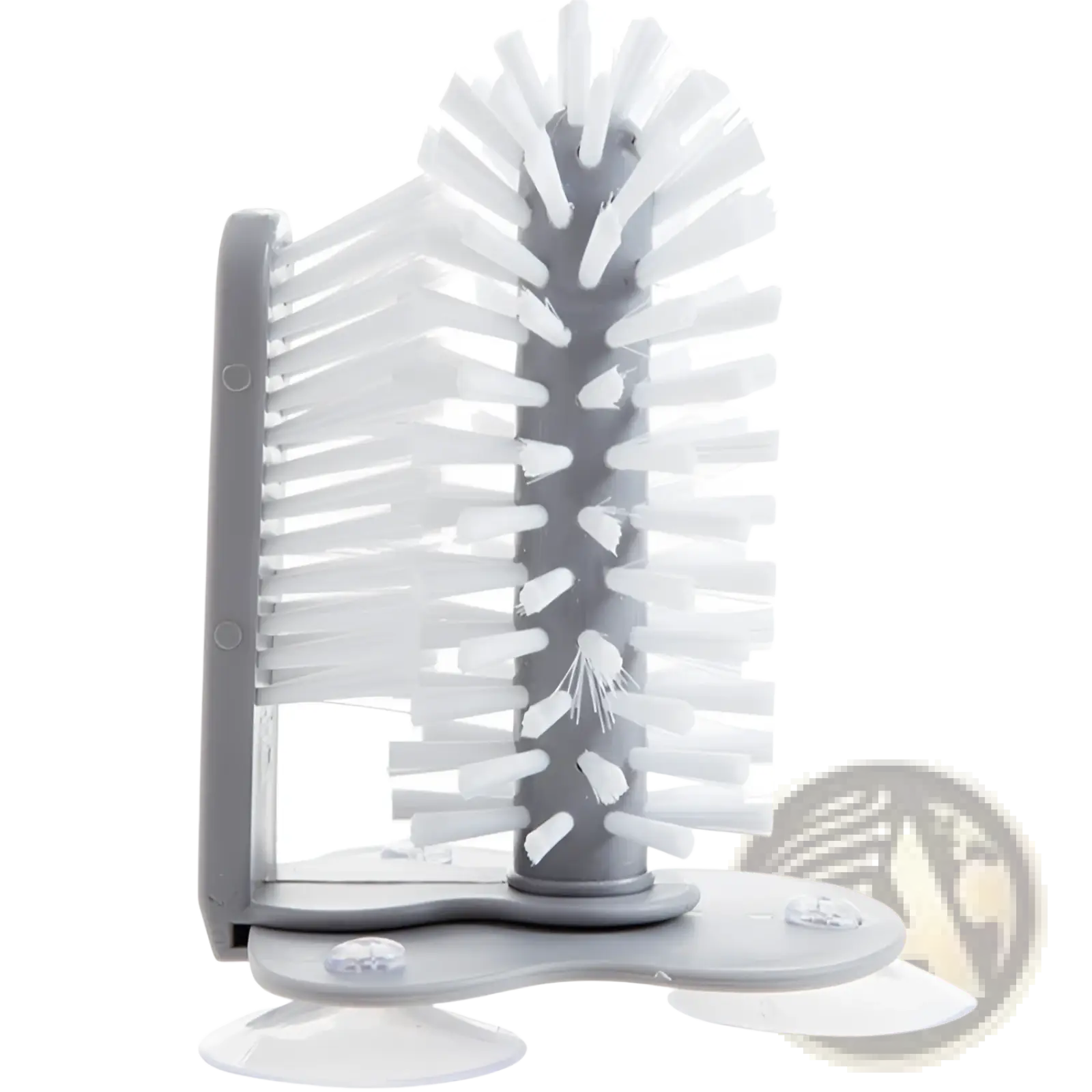 Gray plastic bottle brush with white bristles for cleaning bottles and glasses featuring suction cup sink scrubber