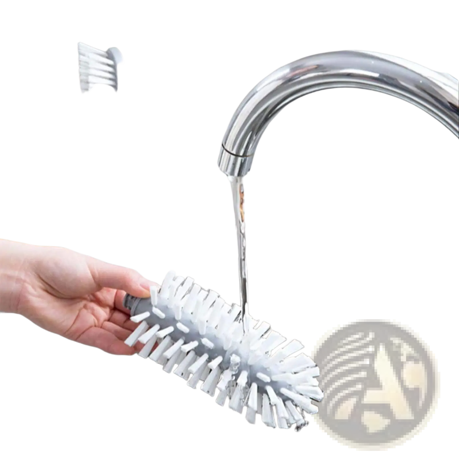 Gray and white bottle brush with dense bristles and suction cup designed for cleaning glassware and bottles