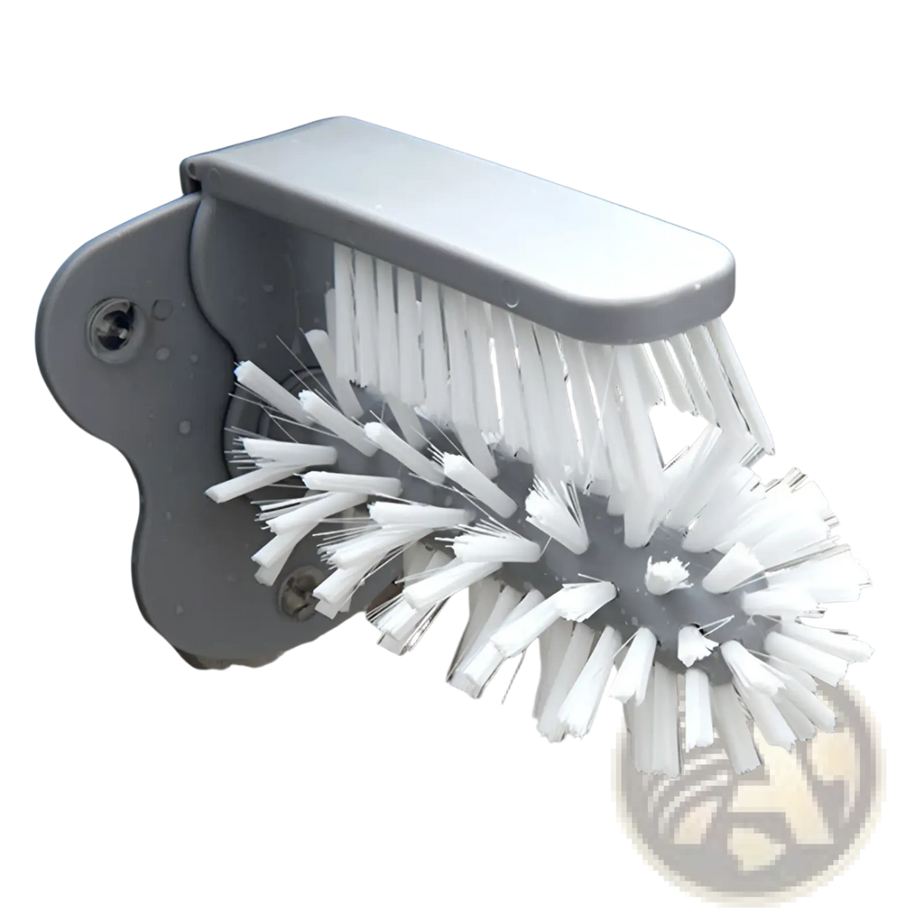Gray plastic glass cleaning brush with white bristles and suction cup for sink and countertop cleaning