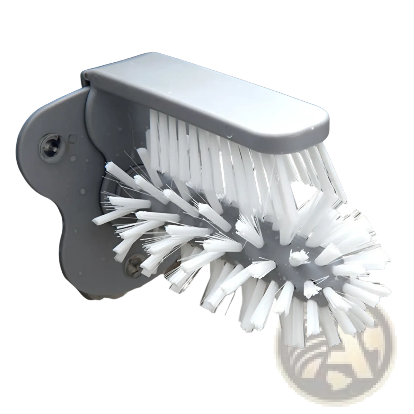 Gray plastic glass cleaning brush with white bristles and suction cup for sink and countertop cleaning
