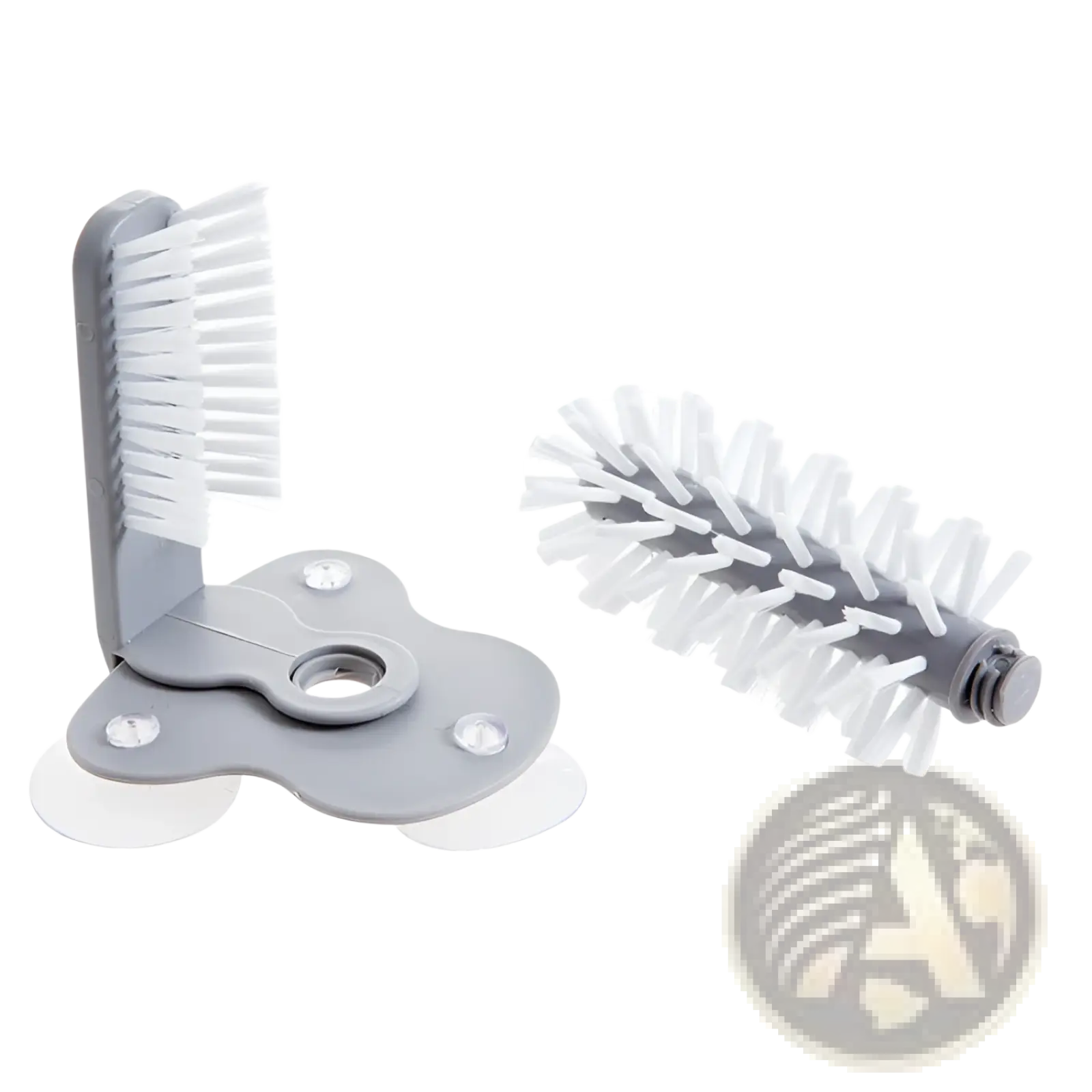 Gray plastic glass cleaning brush set with white bristles and suction cups for sink scrubbing and dishwashing
