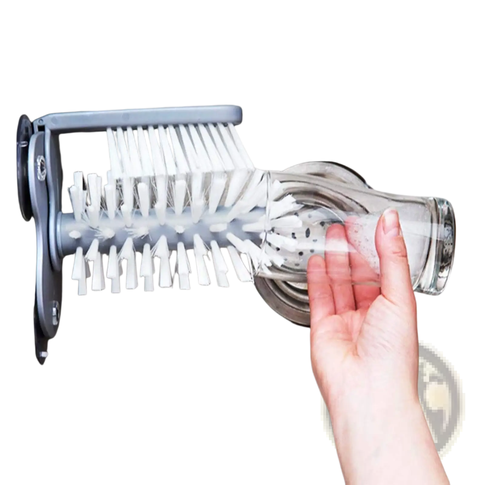 Gray plastic glass cleaning brush with white bristles and suction cup designed for cleaning glassware in the sink