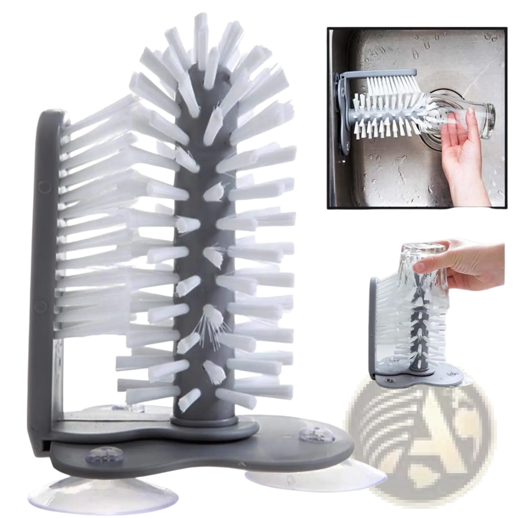 Gray plastic glass cleaning brush with white bristles featuring a suction cup for sink scrubbing and glassware cleaning