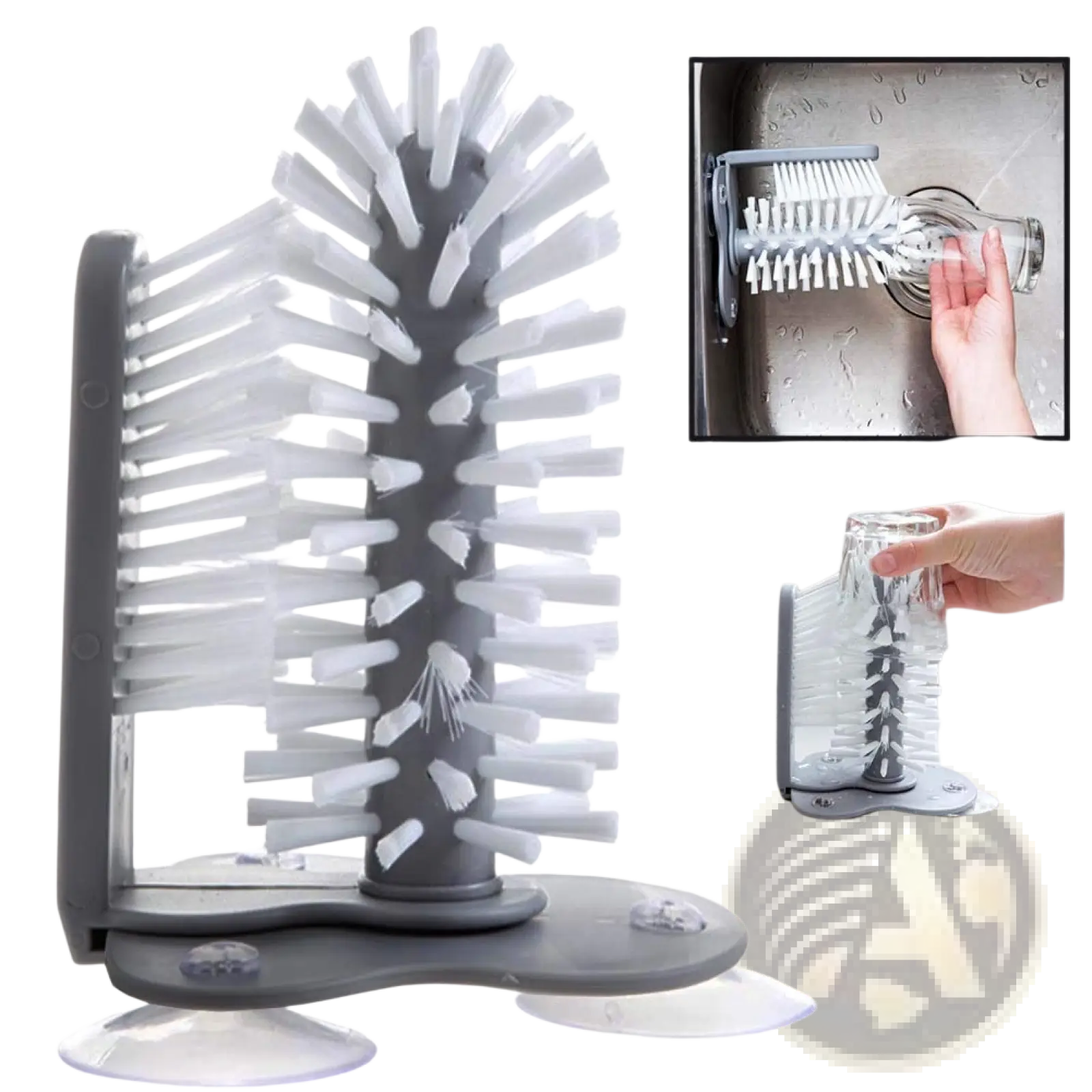 Gray plastic glass cleaning brush with white bristles featuring a suction cup for sink scrubbing and glassware cleaning