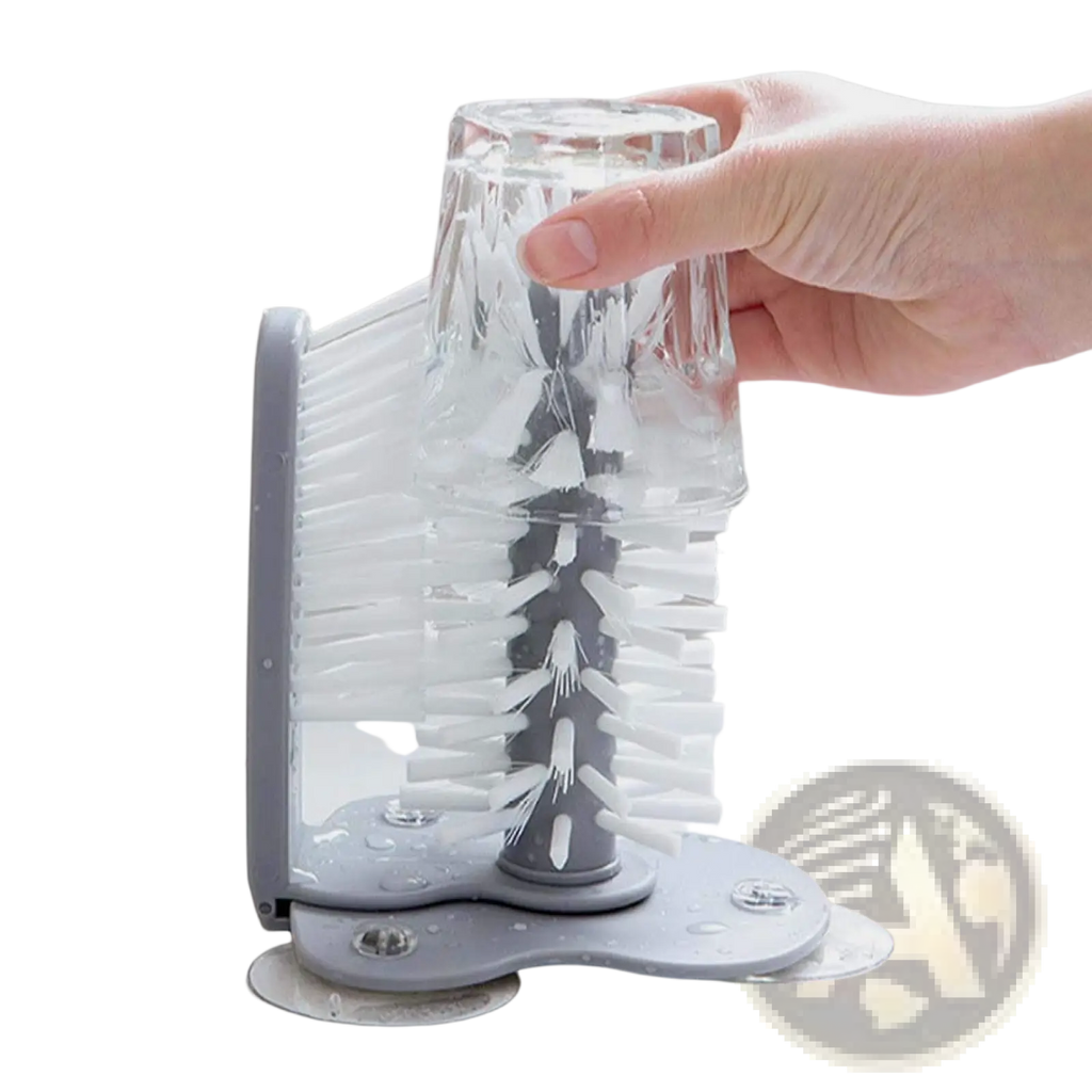 Gray plastic glass cleaning brush with white bristles and suction cup used for cleaning clear glassware