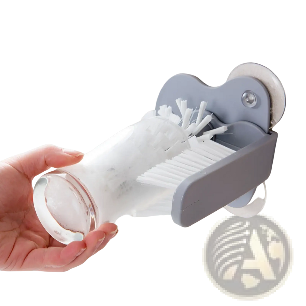 Gray plastic wall-mounted glass cleaning brush holder with suction cups and white bristles for sink scrubbing