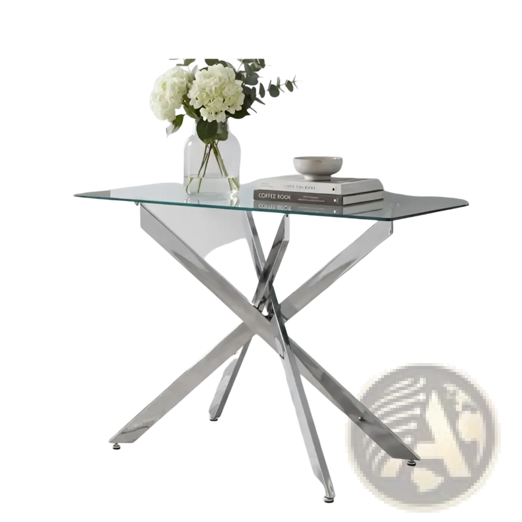 Modern glass console table 45 inch with sleek chromed tubular x-shaped legs for entryway use