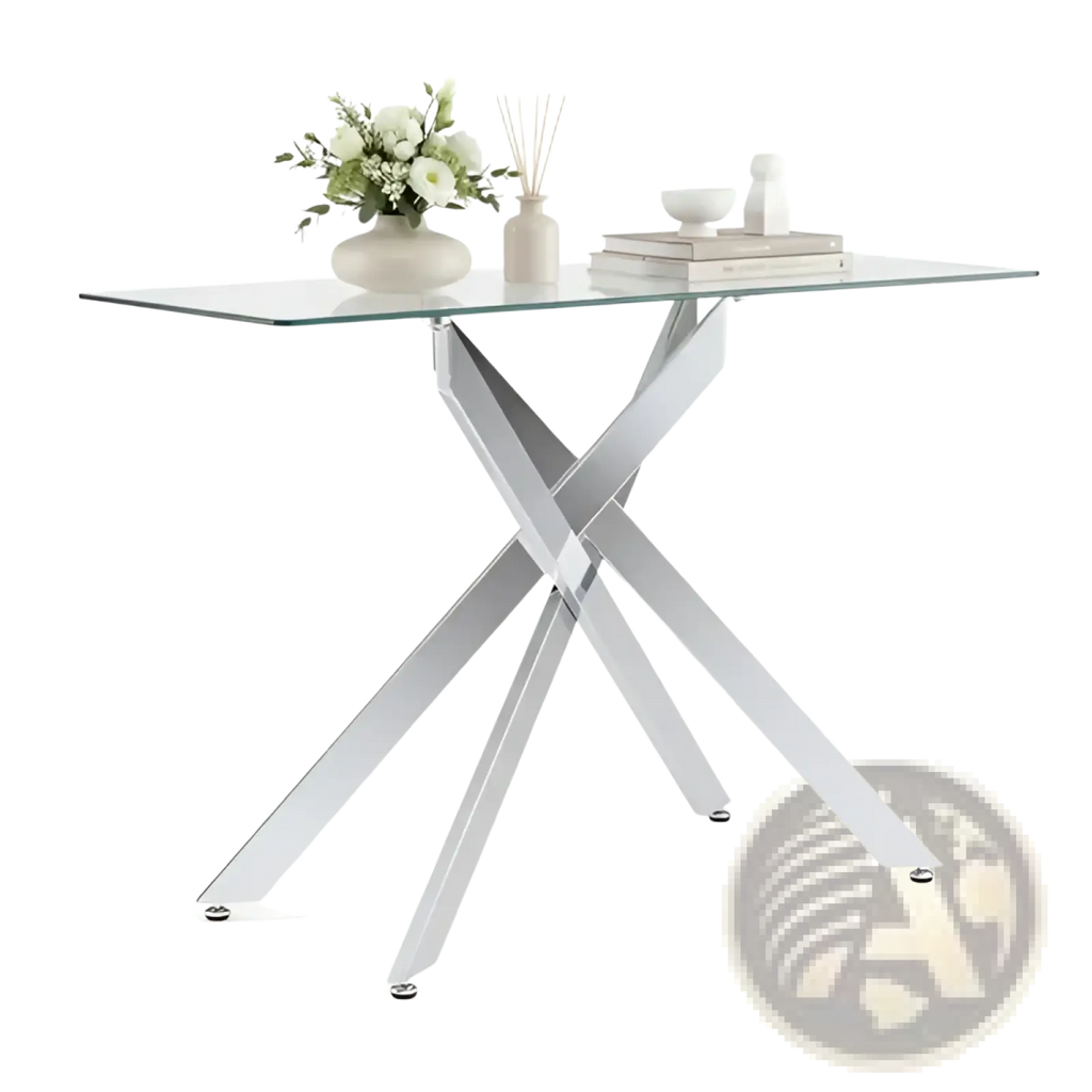 Modern chrome-finished x-shaped metal glass console table with clear top for entryway 45 inch