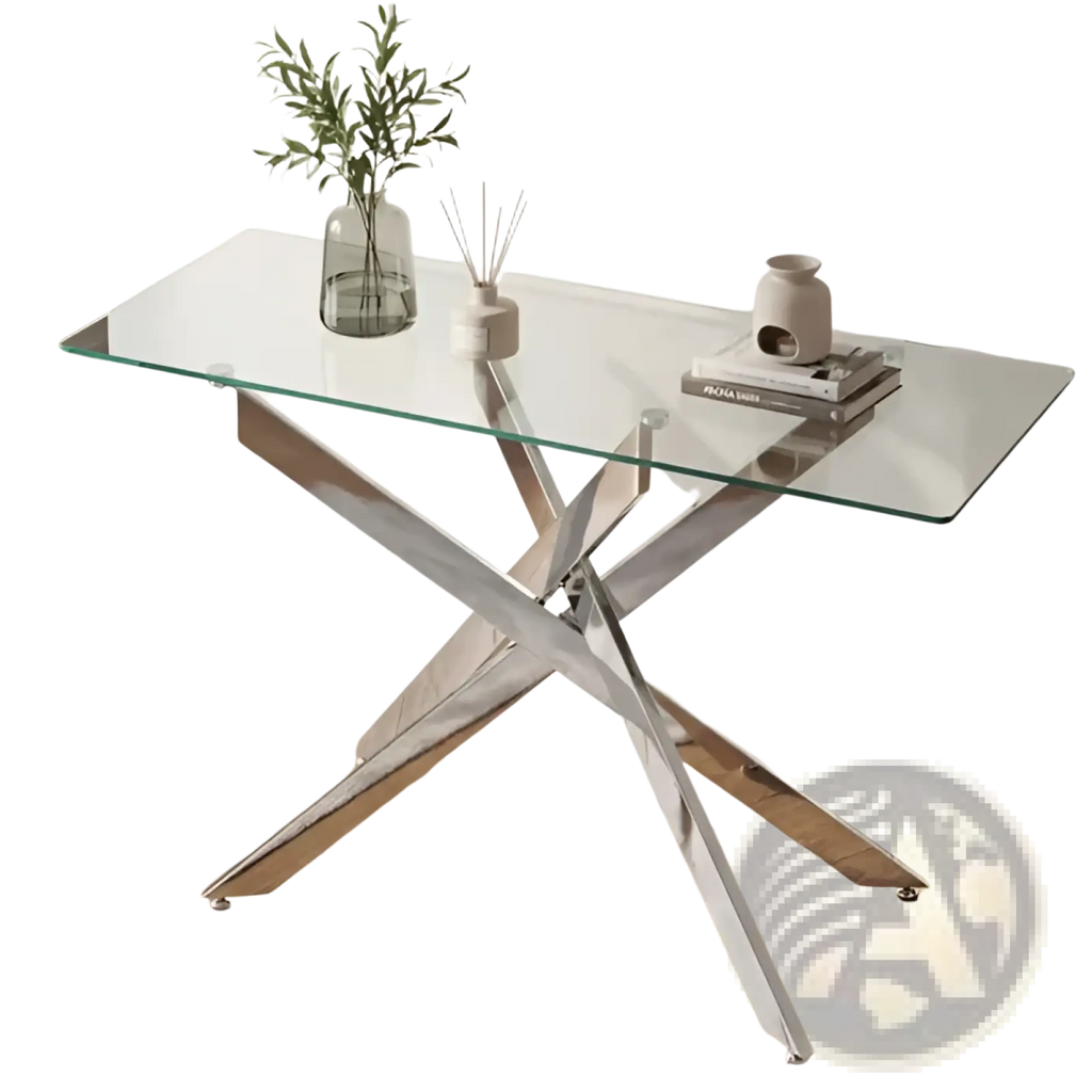 Glass console table 45 inch with modern glass top and polished chrome x-shaped base for entryway use