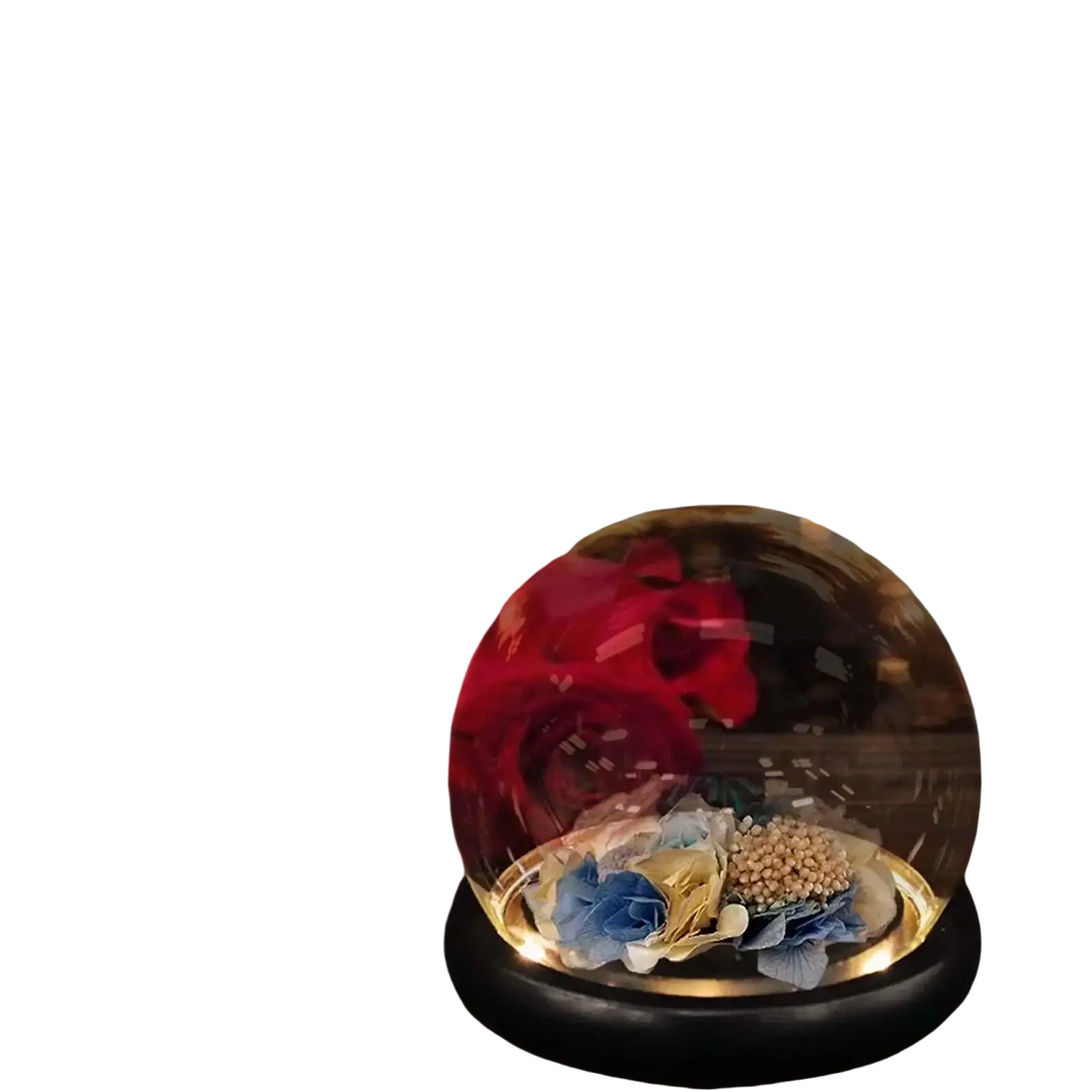 Glass display dome with a clear glass cover and black base featuring dried blue and gold floral arrangement
