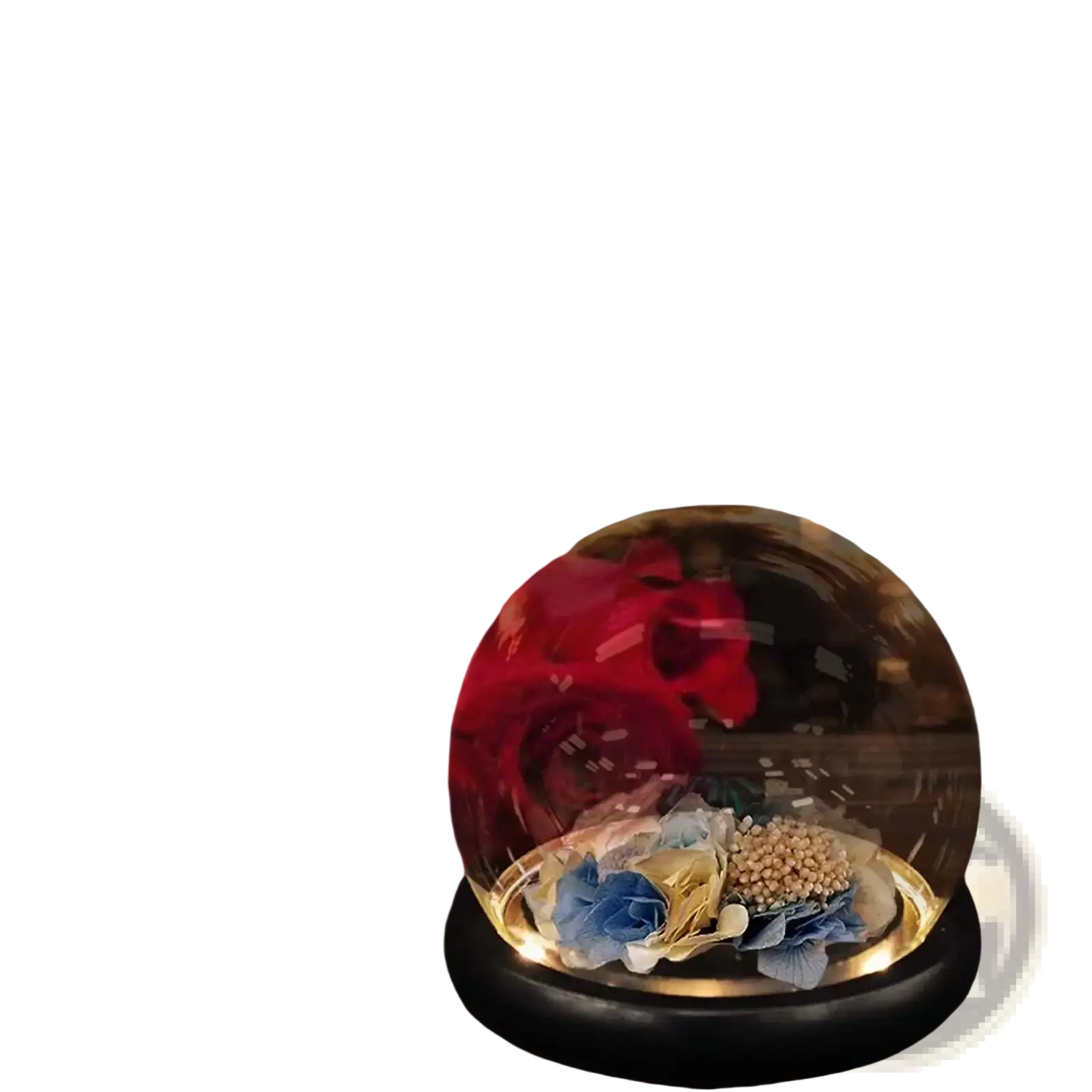 Glass display dome with a clear glass cover and black base featuring dried blue and gold floral arrangement