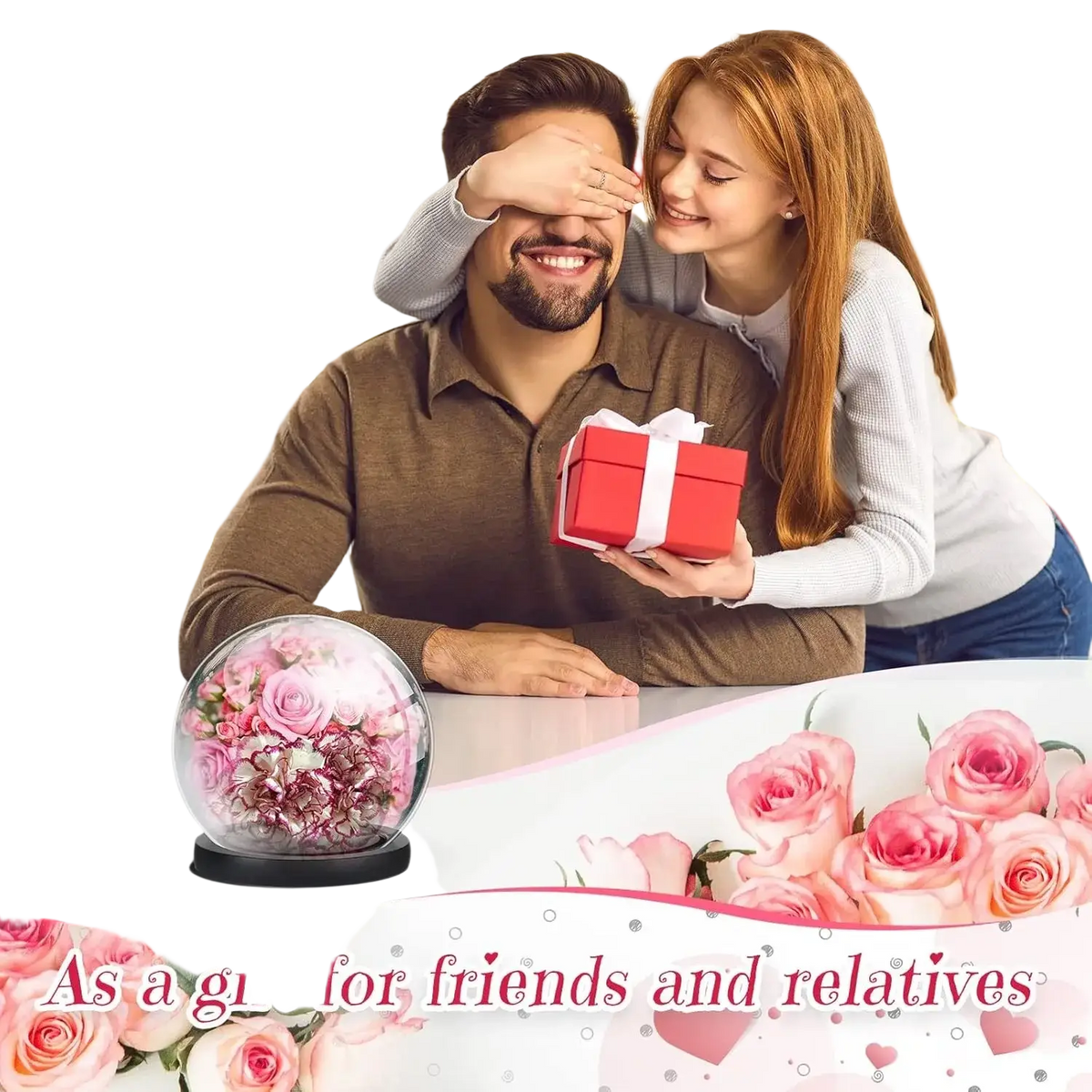 Glass display dome featuring a clear glass globe with pink and white dried roses on a black base