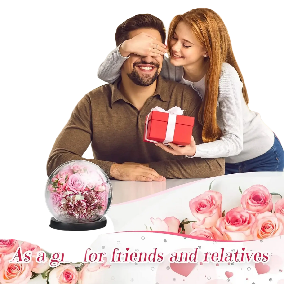 Glass display dome featuring a clear glass globe with pink and white dried roses on a black base