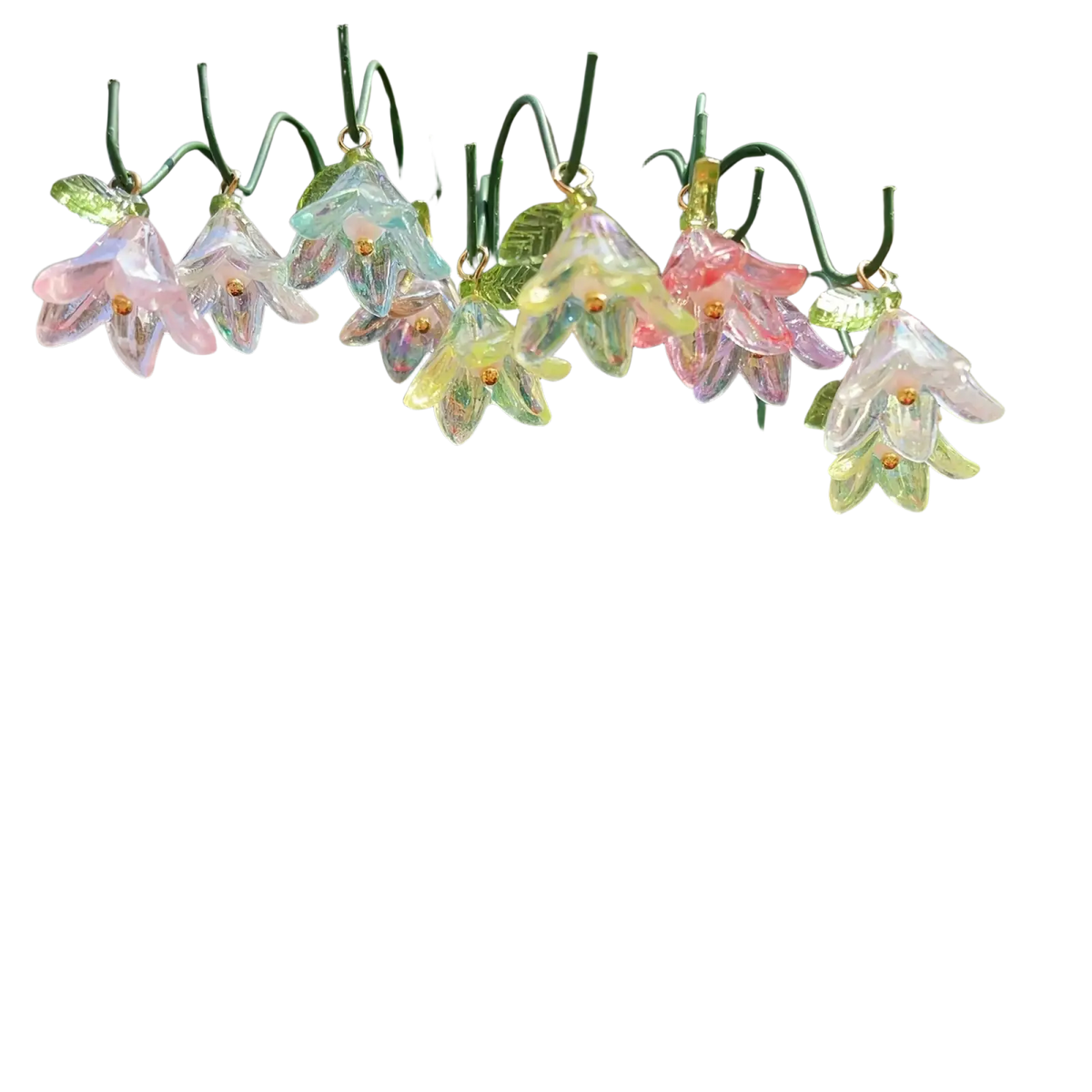 Glass lily garden stakes plant decor featuring delicate glass bellflower ornaments in pastel pink translucent green and iridescent hues with golden centers hanging from metal hooks