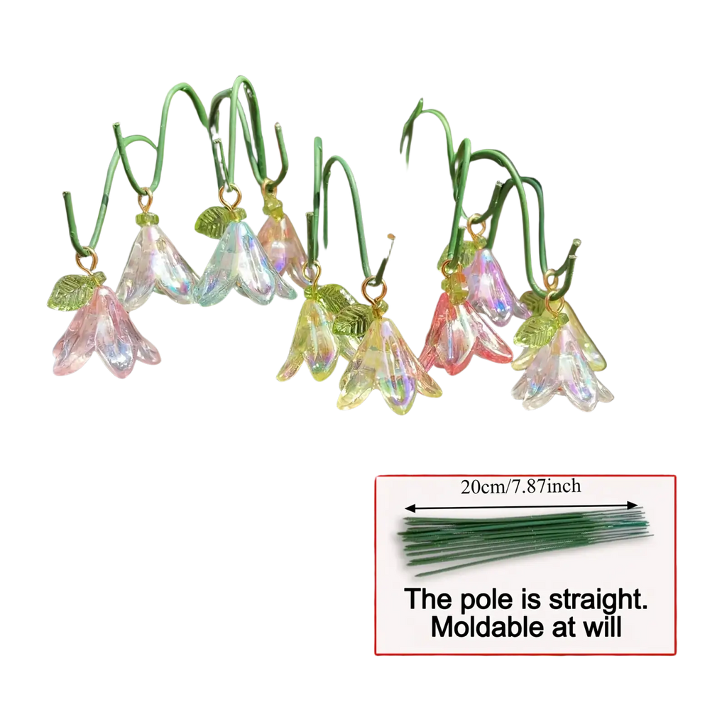 Glass lily garden stakes plant decor with iridescent glass bell pendants gold hooks green leaf accents on bendable poles