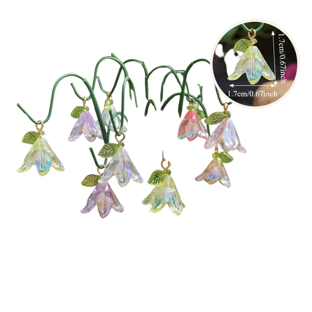 Glass lily garden stakes plant decor featuring iridescent glass bell-shaped flower charms with green leaf accents