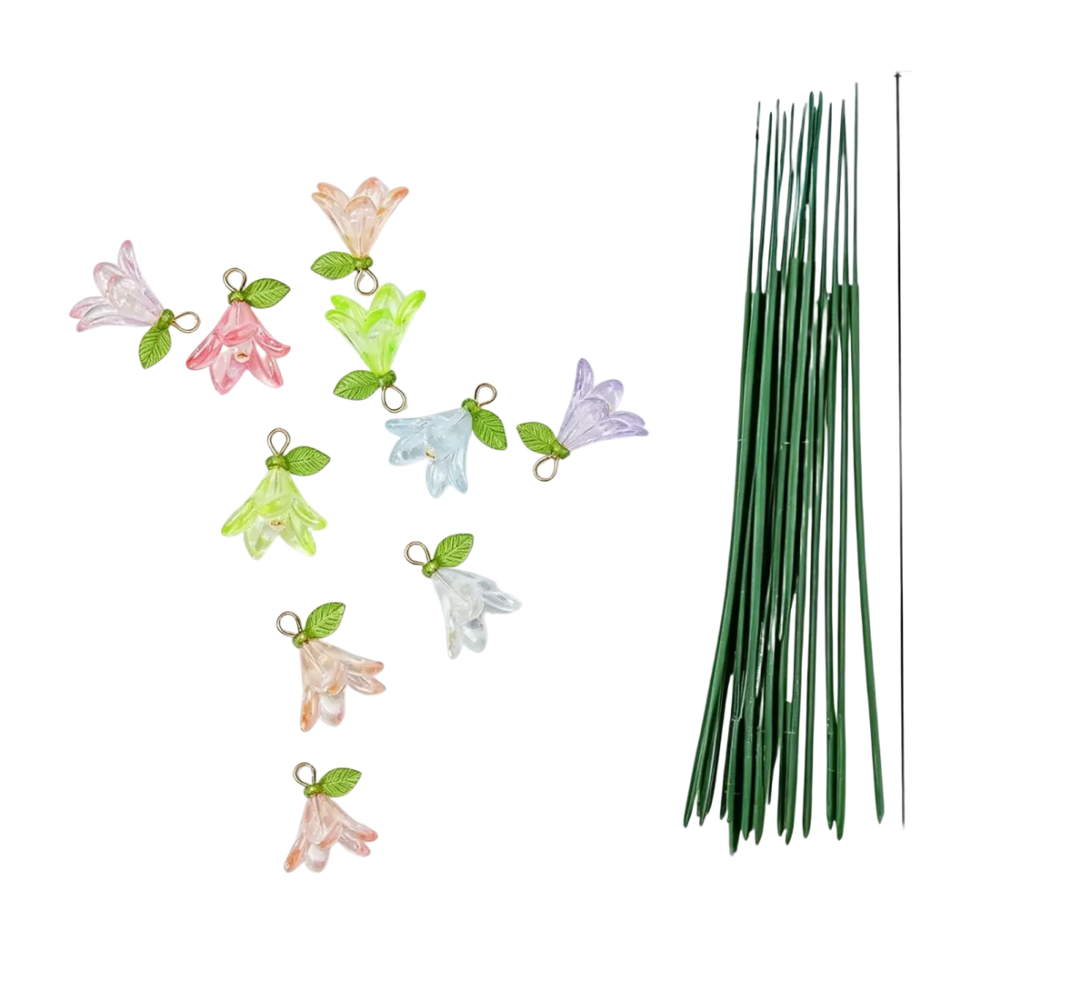 A set of ten colorful translucent glass lily garden stakes with green leaves and gold hooks for plant decor