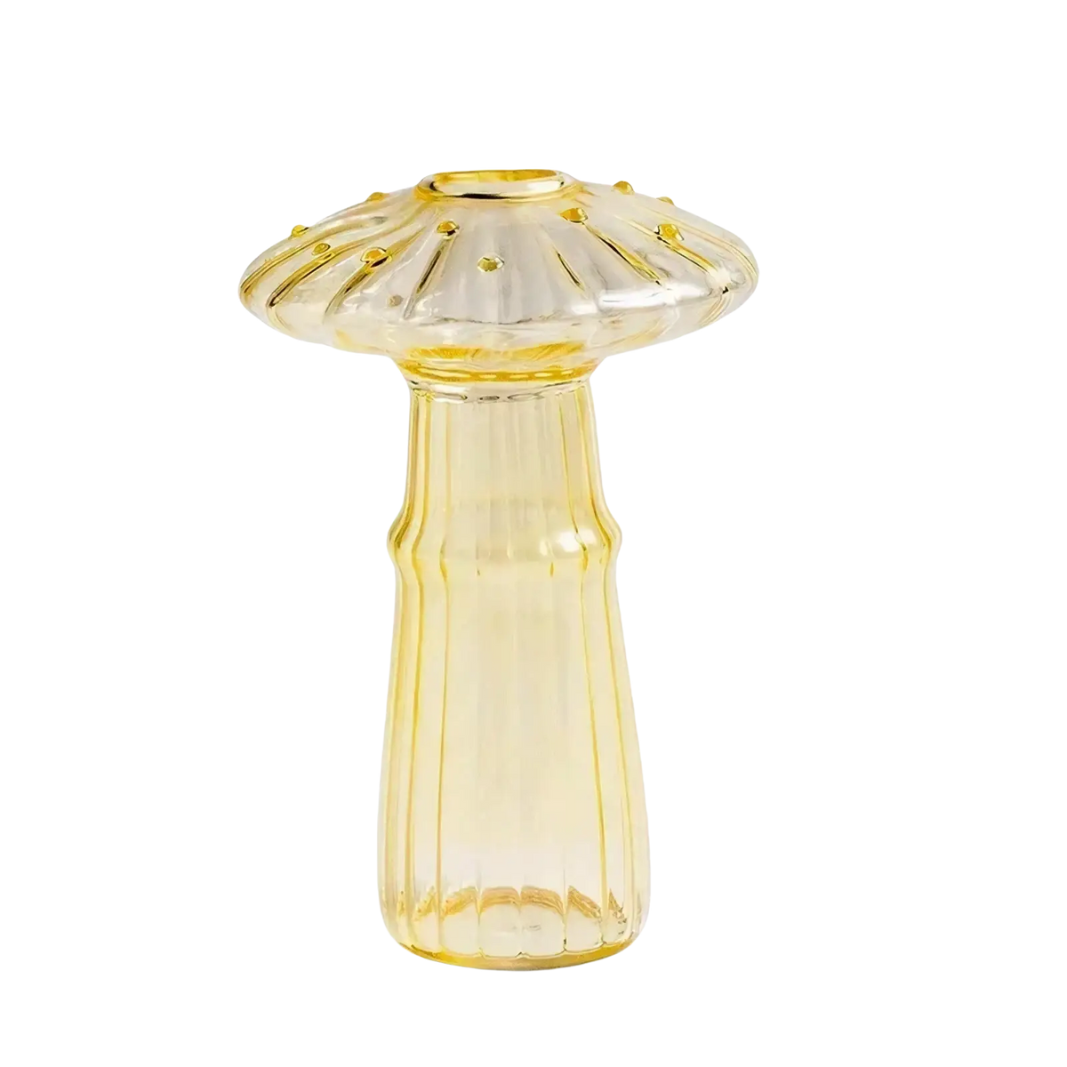 A translucent yellow glass mushroom bud vase with fluted top and vertical ridges for colorful Nordic plant display