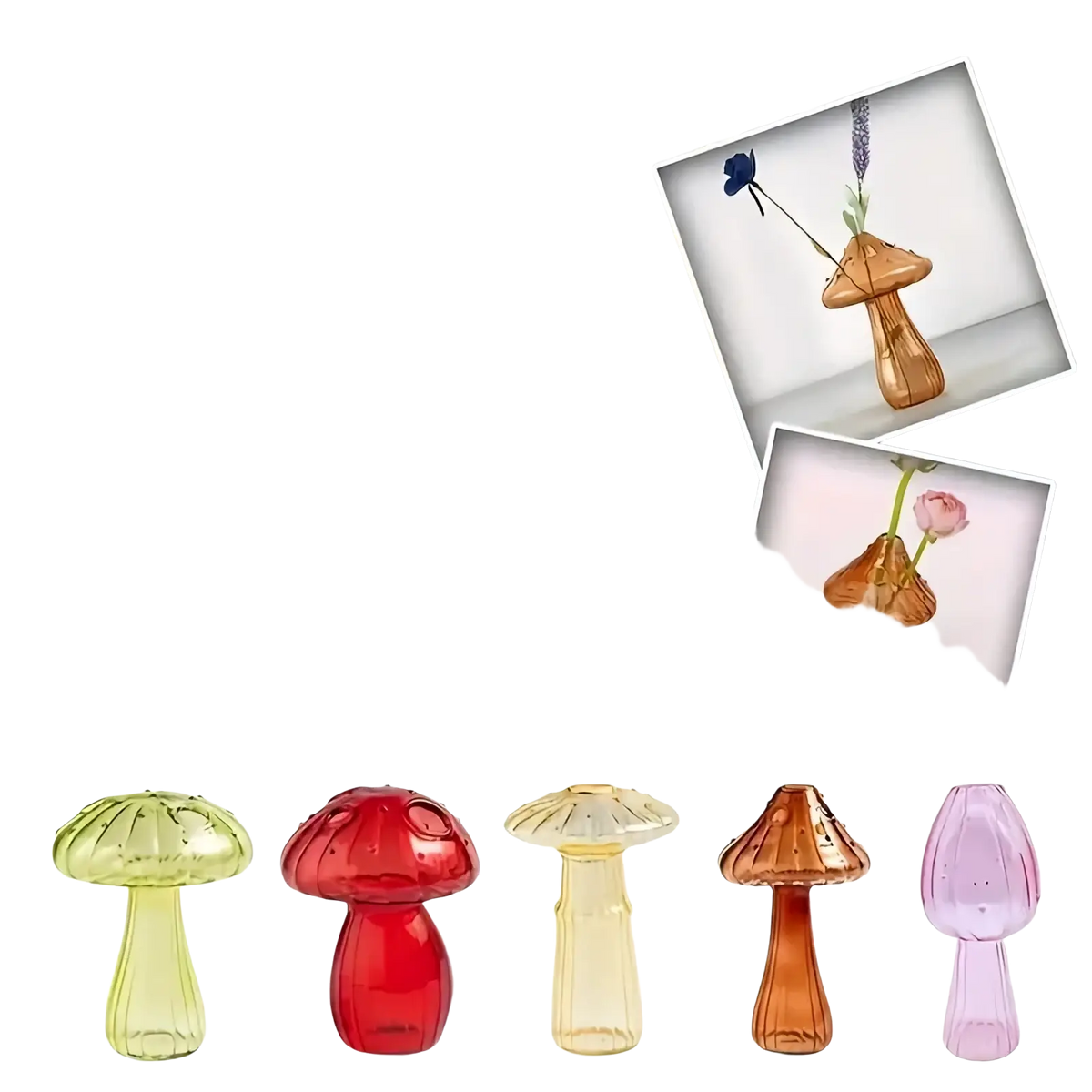 A translucent glass mushroom bud vase in vibrant green red yellow amber and pink colors for Nordic plant holding