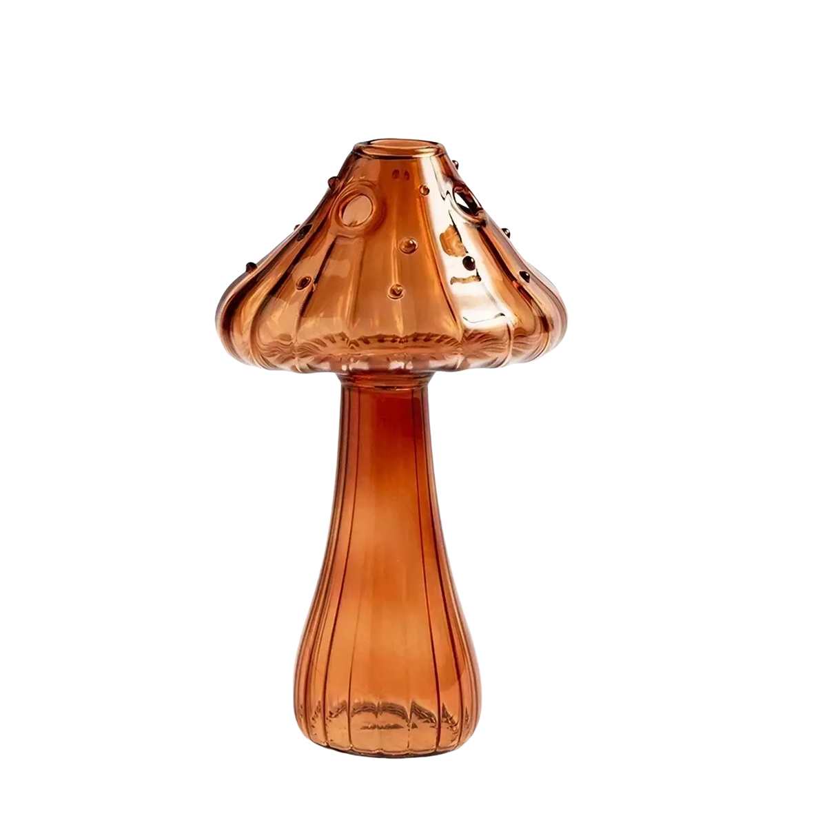 A translucent amber glass mushroom-shaped bud vase with a ribbed stem and dotted cap for Nordic plant display