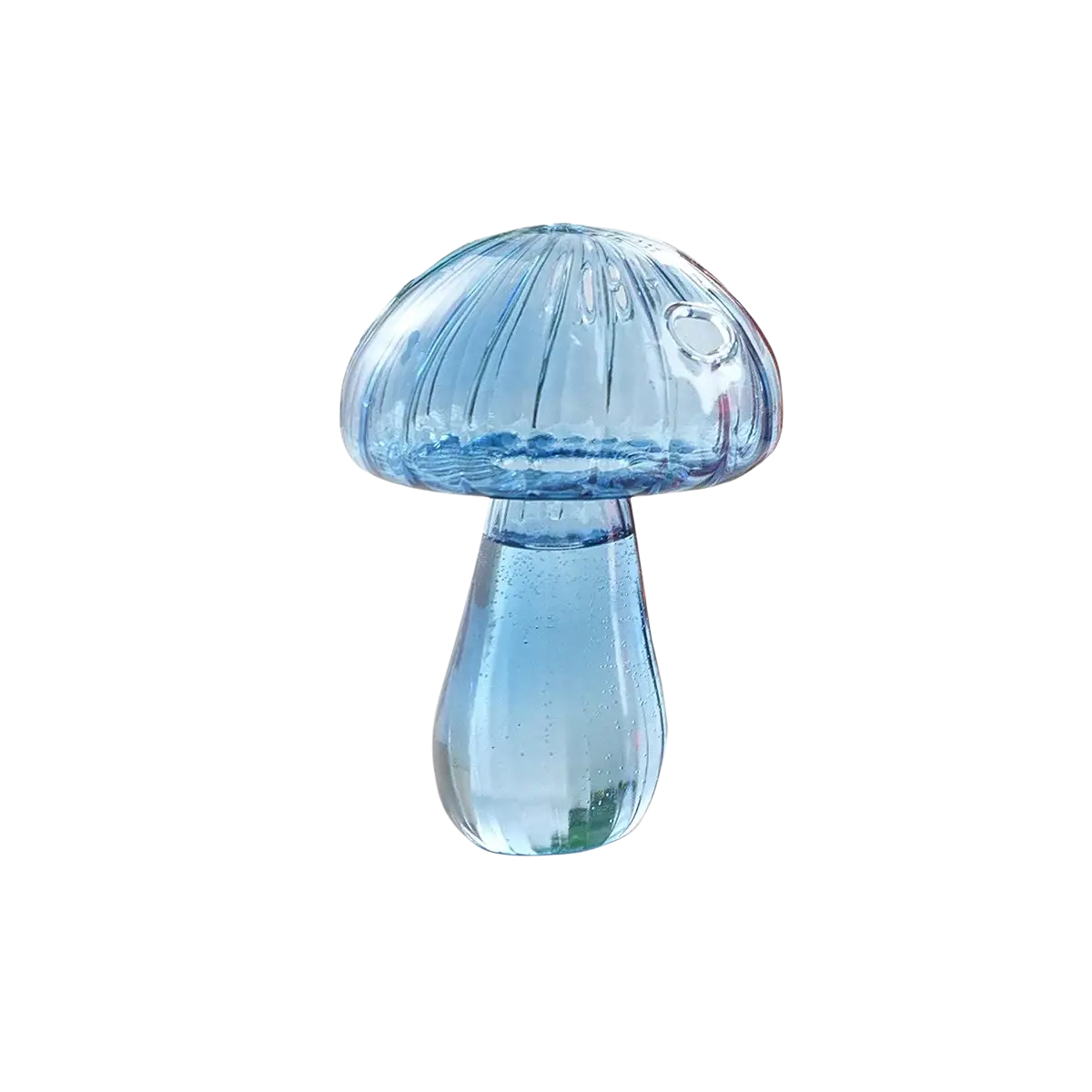 Translucent blue glass mushroom-shaped bud vase with ribbed cap and smooth stem colorful Nordic plant holder