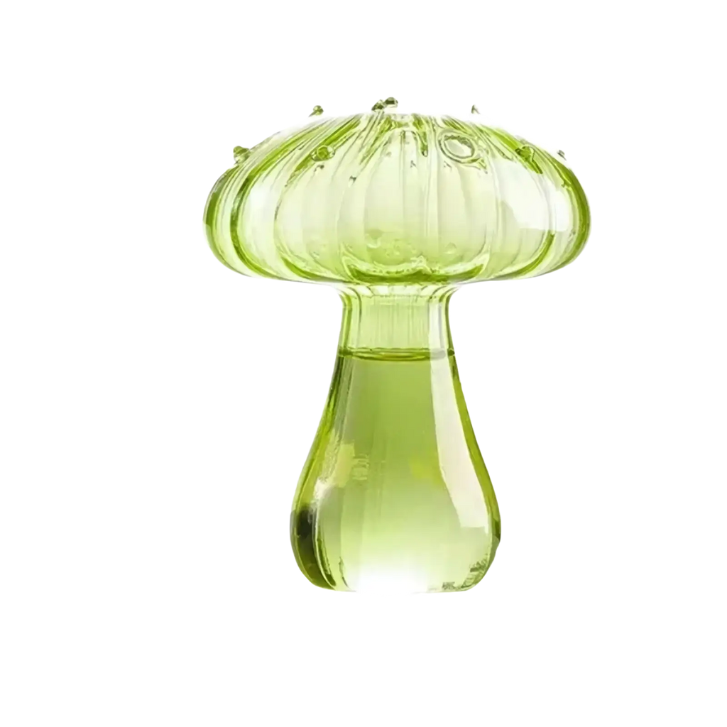 Translucent green glass mushroom bud vase with ribbed cap and smooth stem colorful nordic plant holder